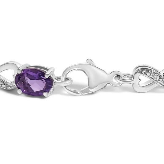 .925 Sterling Silver Oval Purple Amethyst and Diamond Infinity Link Bracelet (I-J Color, I1-I2 Clarity) - 7" Inches