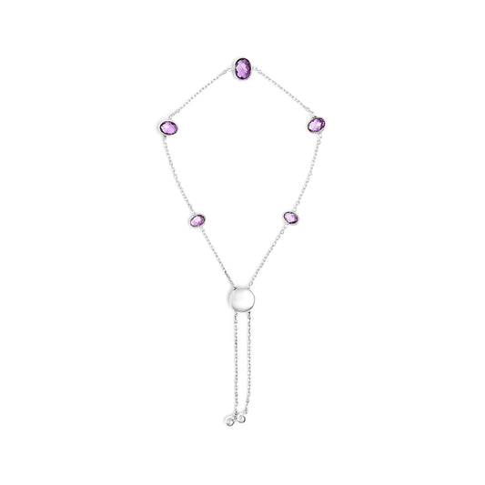 .925 Sterling Silver Bezel Set Purple Amethyst 5 Station Adjustable Bolo Bracelet