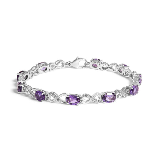 .925 Sterling Silver Oval Purple Amethyst and Diamond Infinity Link Bracelet (I-J Color, I1-I2 Clarity) - 7" Inches